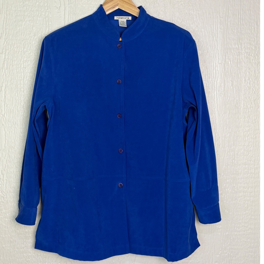 Notations Royal Blue Mock Neck Button Front Blouse XL Long Sleeve